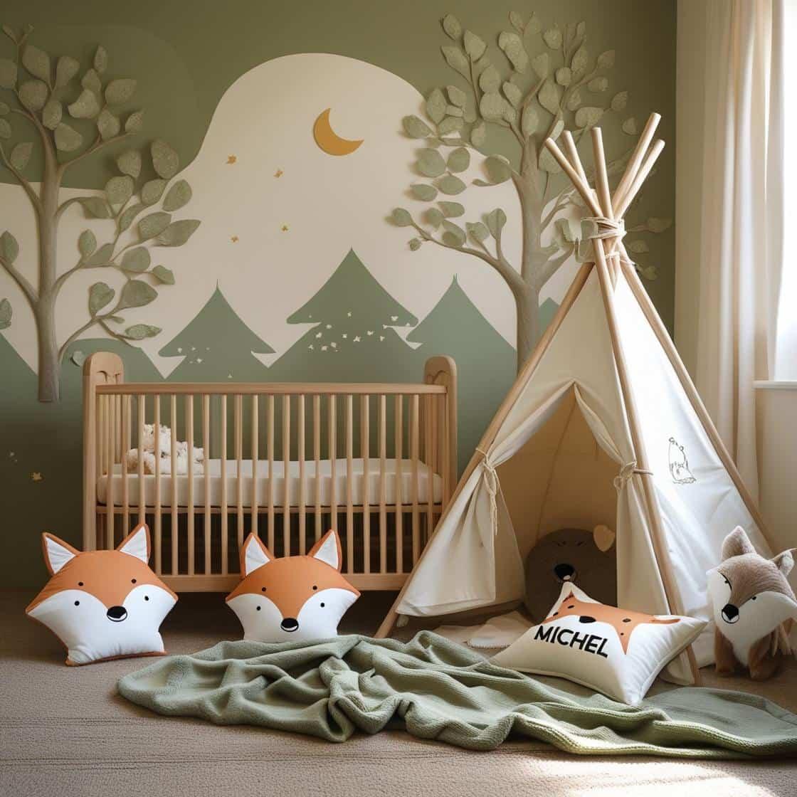 Chambre de bébé douce et naturelle inspirée par la forêt avec coussins renard et loup, berceau, décoration personnalisée au prénom Michel
