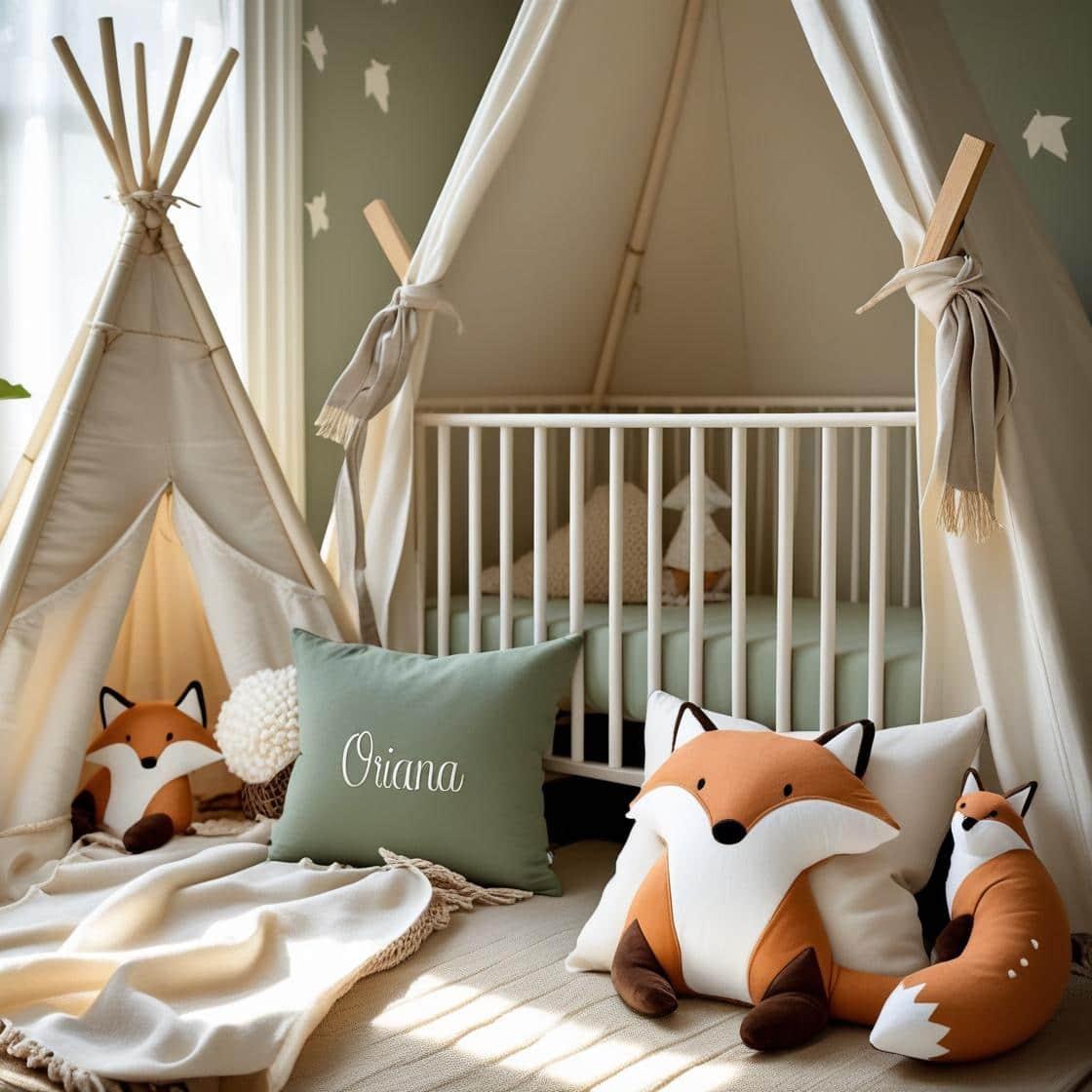 Une chambre de bebe doux et naturel inspire par la foret avec des coussins en forme de petits animaux de la foret comme des renards et loups personnalise avec le nom oriana berceau