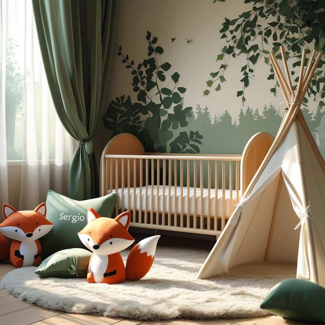 Une chambre de bebe doux et naturel inspire par la foret avec des coussins en forme de petits animaux de la foret comme des renards et loups personnalise avec le nom sergio berceau