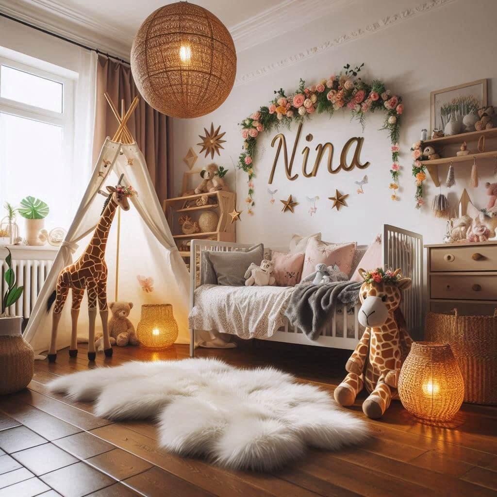 Chambre bébé fille thème jungle avec fleurs murales, lit, tipi, tapis en fourrure, peluche girafe et éléphant, prénom Nina inscrit
