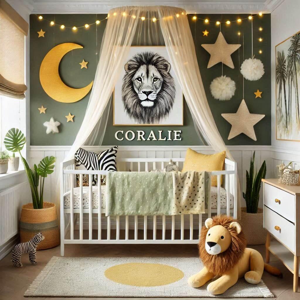 Une chambre de bebe fille personnalisee au prenom de coralie theme safari couleur vert pale jaune nuit coussin zebre coussin lune tapis etoile ciel de lit guirlande lumineuse peluc