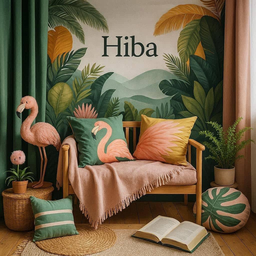 Une chambre de bebe fille personnalisee au prenom de hiba ecrit en francais theme flamant rose couleur vert fonce jaune nuit