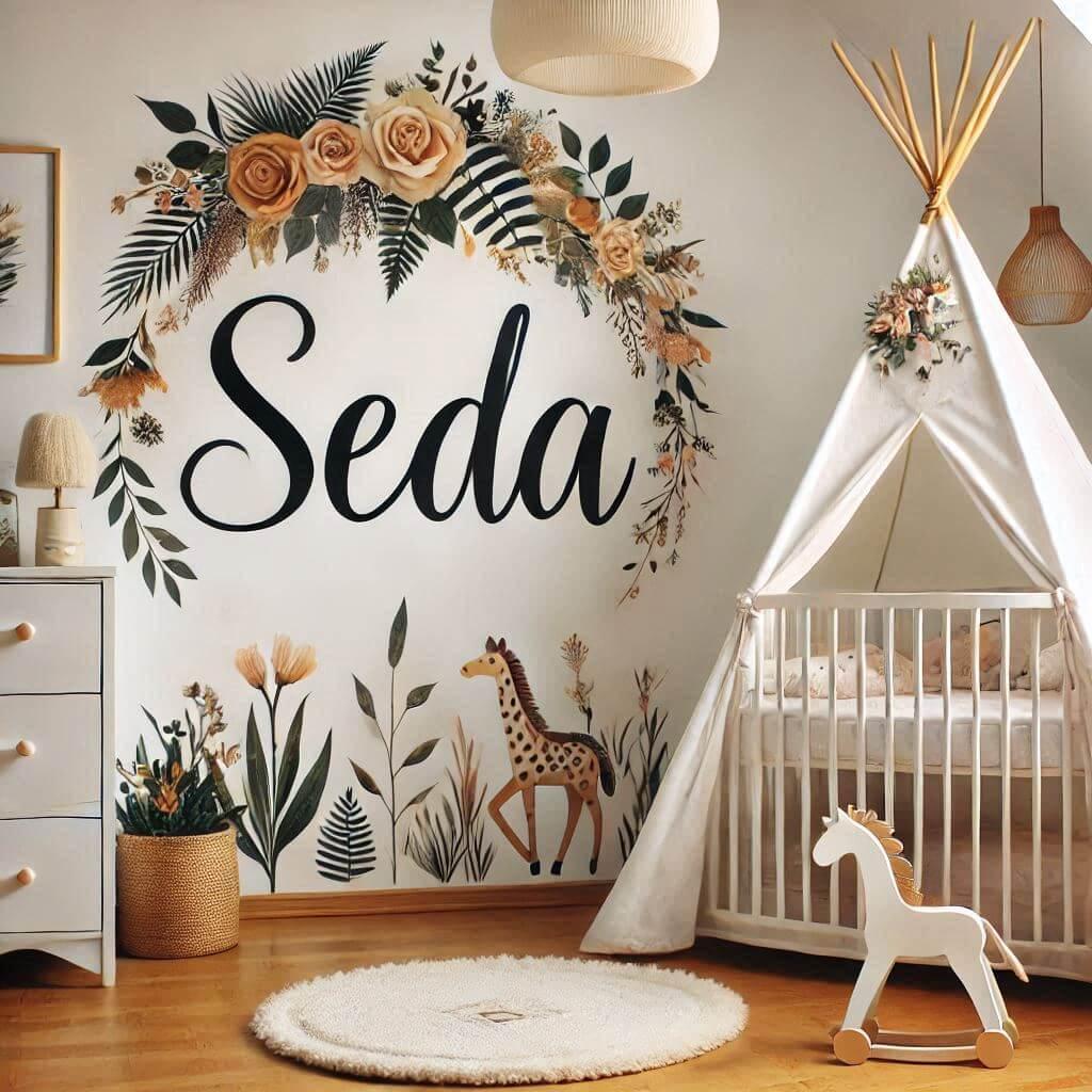 Une chambre de bebe fille personnalisee au prenom de seda ecrit en francais theme safari et fleurs lit tipi