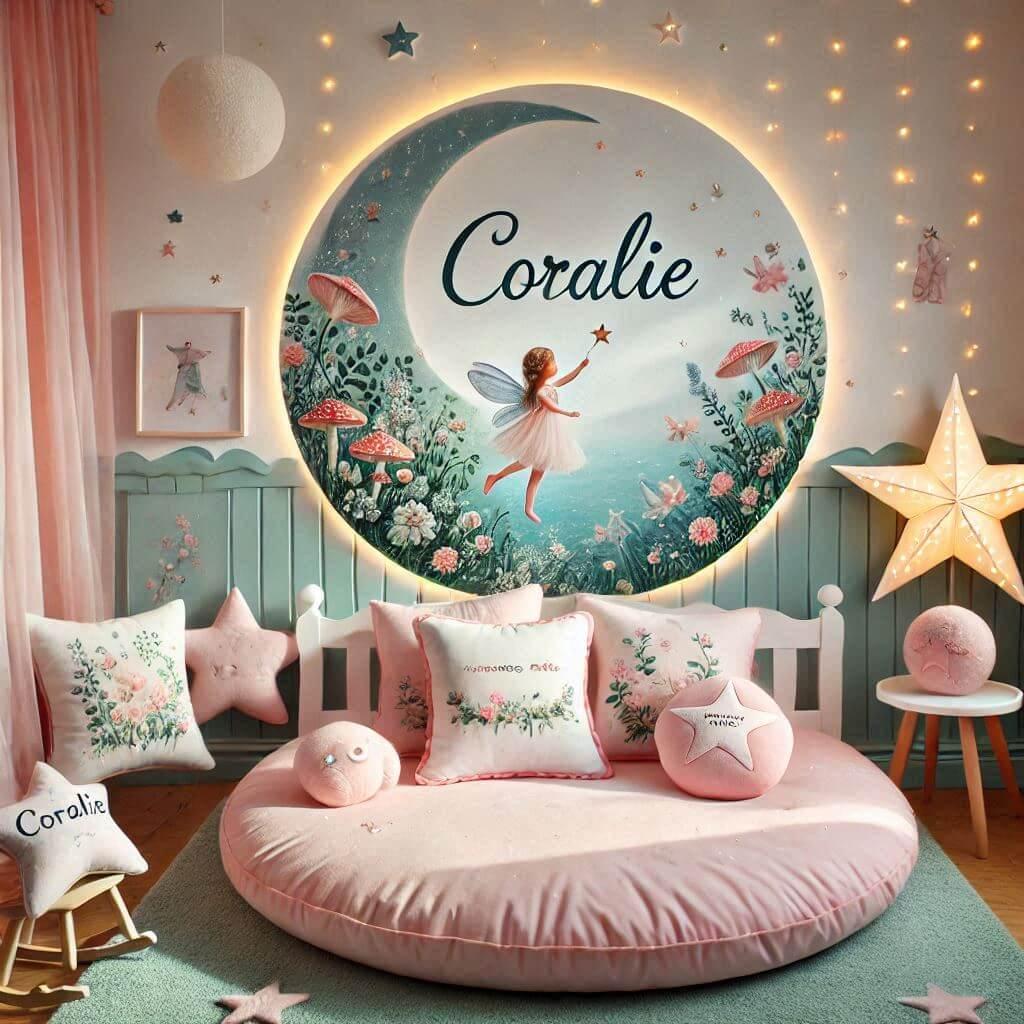 Une chambre de bebe fille personnalisee theme conte et legende couleur vert d eau et rose pale lierre coussin etoile coussin lune tapis etoile lit rond guirlande lumineuse allumee