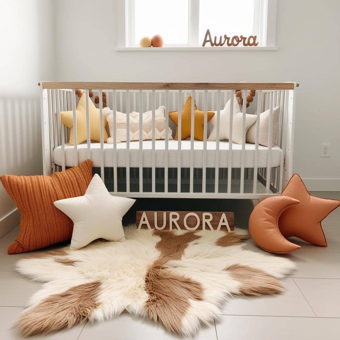 Une chambre de bebe fille qui se nomme aurora avec un berceau un tapis de fourrure style scandinave coussins en forme detoiles coussins en forme de lune le prenom aurora est ecrit