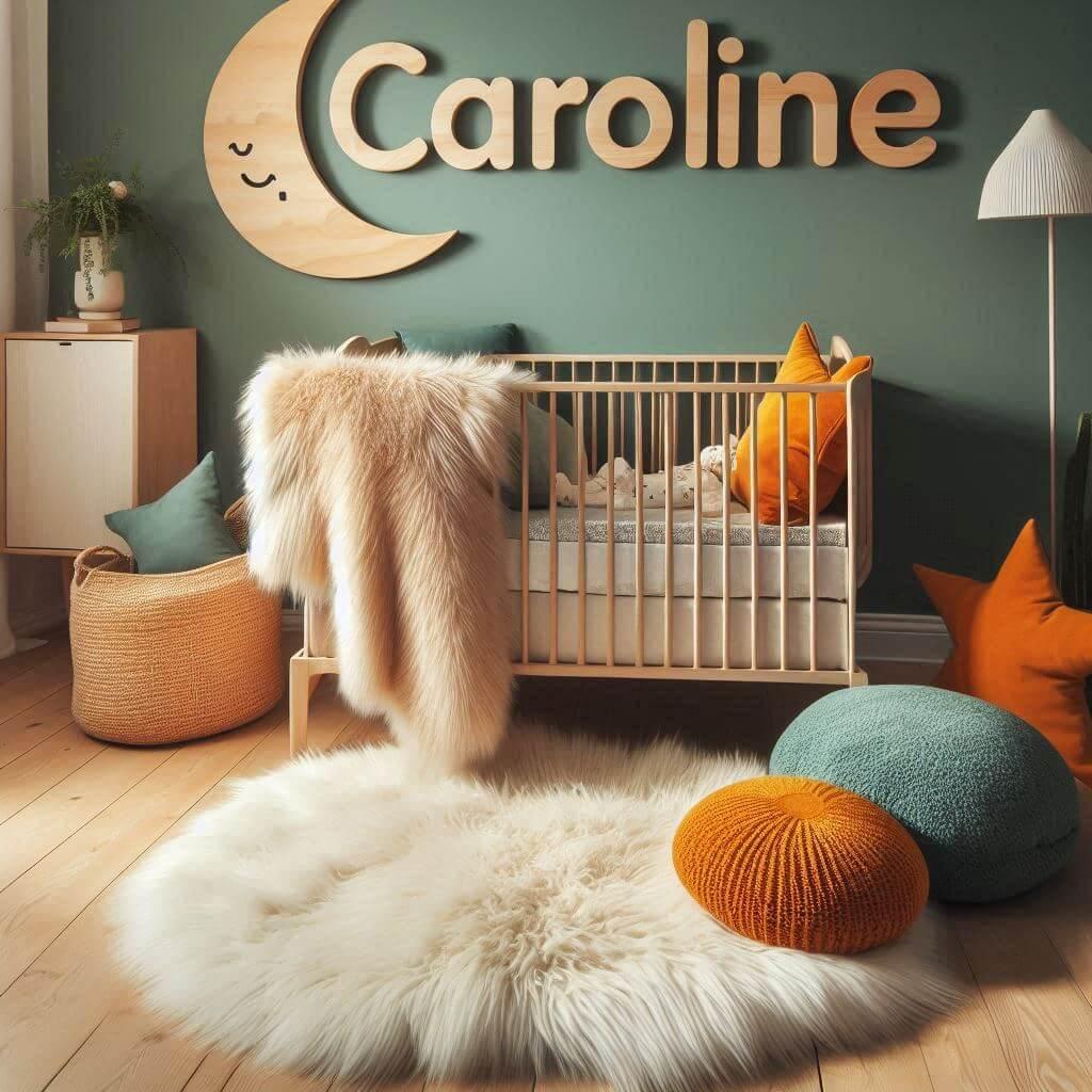 Une chambre de bebe fille qui se nomme caroline avec un berceau un tapis de fourrure style scandinave coussins en forme detoiles coussins en forme de lune le prenom caroline est ec