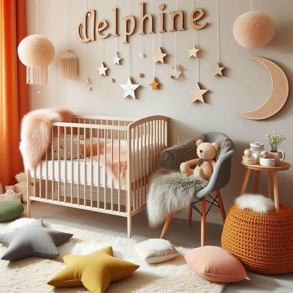 Une chambre de bebe fille qui se nomme delphine avec un berceau un tapis de fourrure style scandinave coussins en forme detoiles coussins en forme de lune le prenom delphine est ec