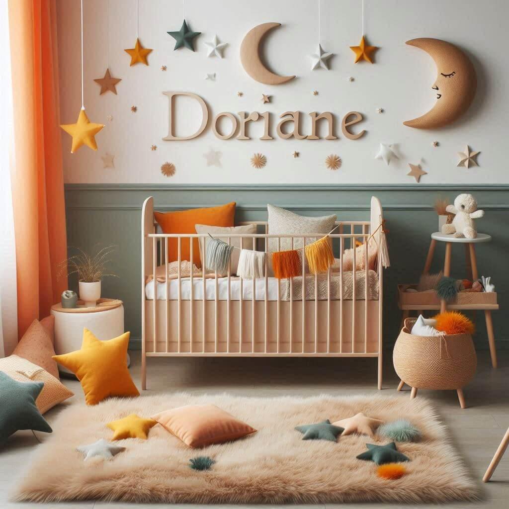 Une chambre de bebe fille qui se nomme doriane avec un berceau un tapis de fourrure style scandinave coussins en forme d etoiles coussins en forme de lune le prenom doriane est ecr