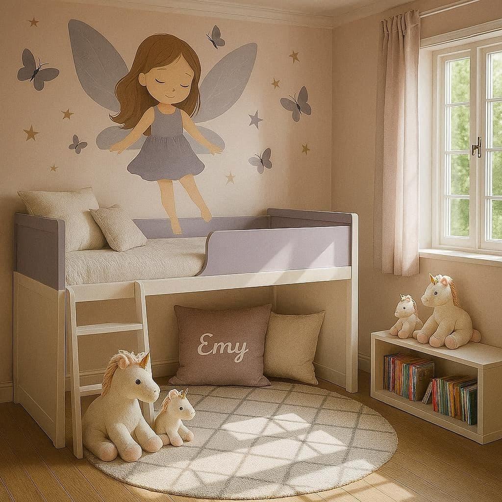 Une chambre de bebe fille qui se nomme emy avec un berceau un lit mezanine peluche licorne mur peint avec des fees prenom emy