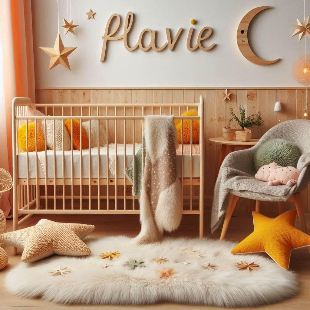 Une chambre de bebe fille qui se nomme flavie avec un berceau un tapis de fourrure style scandinave coussins en forme d etoiles coussins en forme de lune le prenom flavie est ecrit