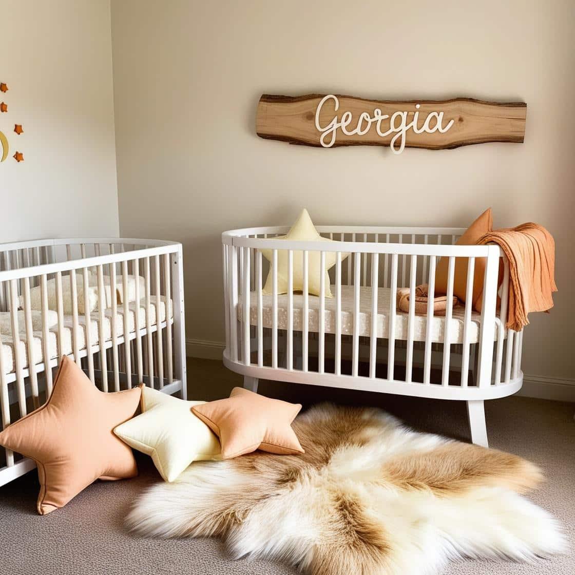 Une chambre de bebe fille qui se nomme georgia avec un berceau un tapis de fourrure style scandinave coussins en forme detoiles coussins en forme de lune le prenom georgia est ecri