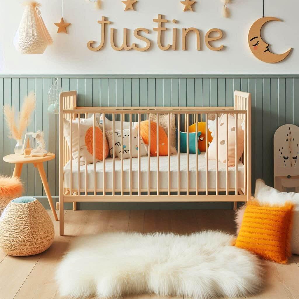 Une chambre de bebe fille qui se nomme justine avec un berceau un tapis de fourrure style scandinave des coussins en forme d etoiles et de lune le prenom justine est ecrit en bois