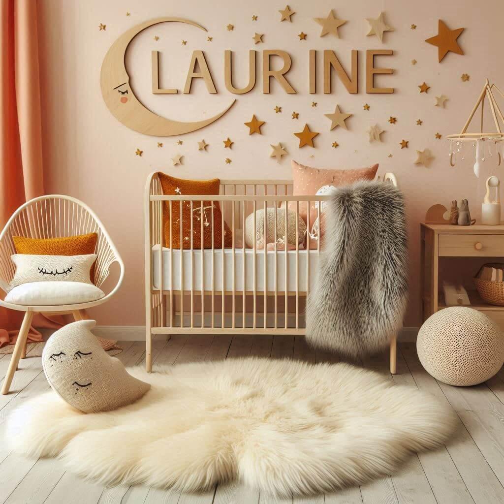 Une chambre de bebe fille qui se nomme laurine avec un berceau un tapis de fourrure style scandinave coussins en forme detoiles coussins en forme de lune le prenom laurine est ecri