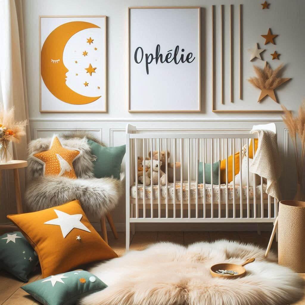 Une chambre de bebe fille qui se nomme ophelie ecrit en francais avec un berceau un tapis de fourrure style scandinave coussins en forme d etoiles coussins en forme de lune le pren