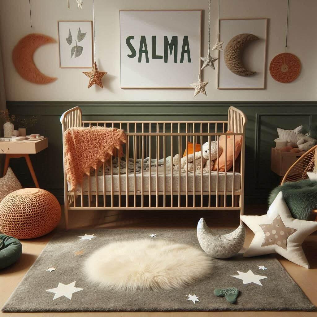 Une chambre de bebe fille qui se nomme salma avec un berceau un tapis de fourrure style scandinave