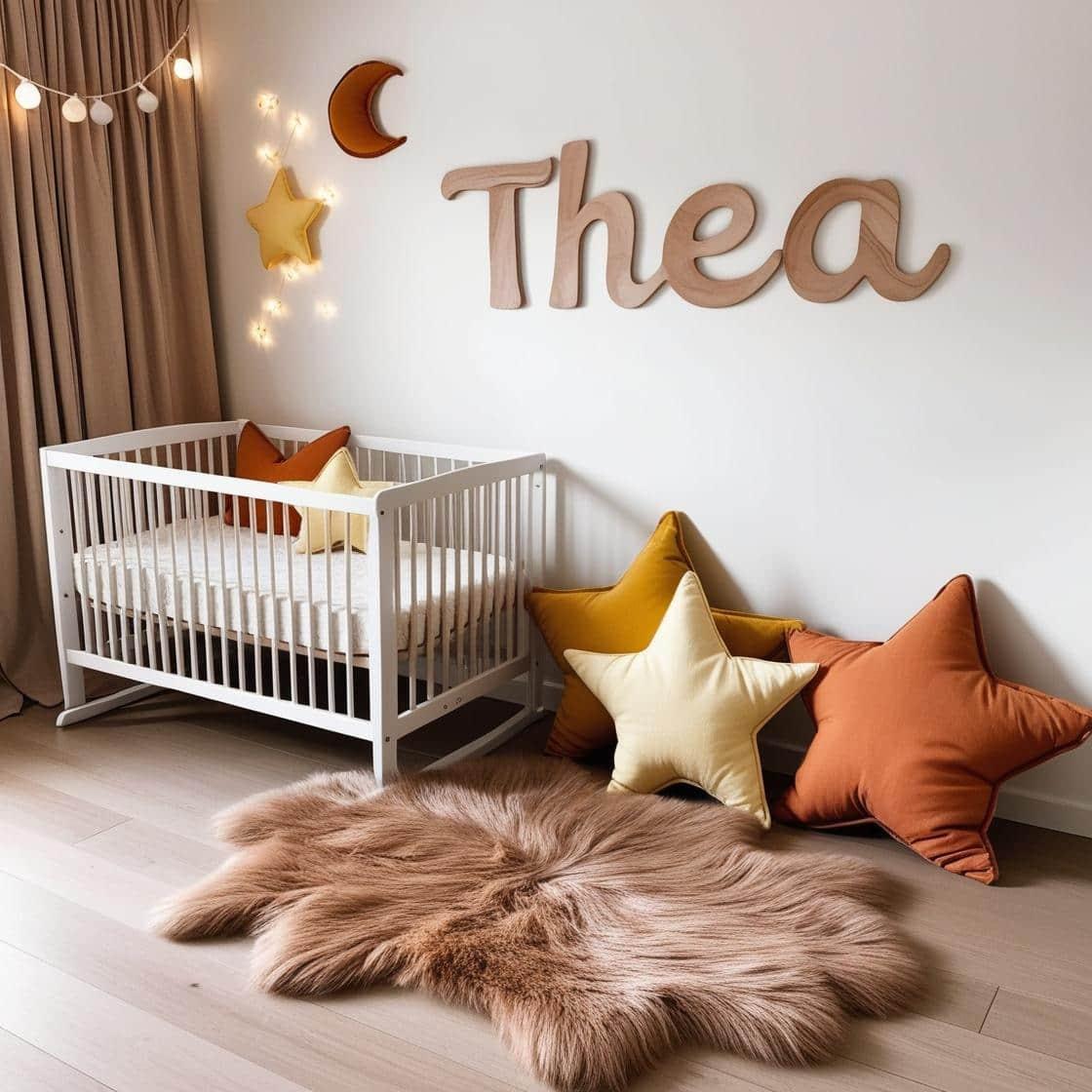 Une chambre de bebe fille qui se nomme thea avec un berceau un tapis de fourrure style scandinave coussins en forme detoiles coussins en forme de lune le prenom thea est ecrit en b