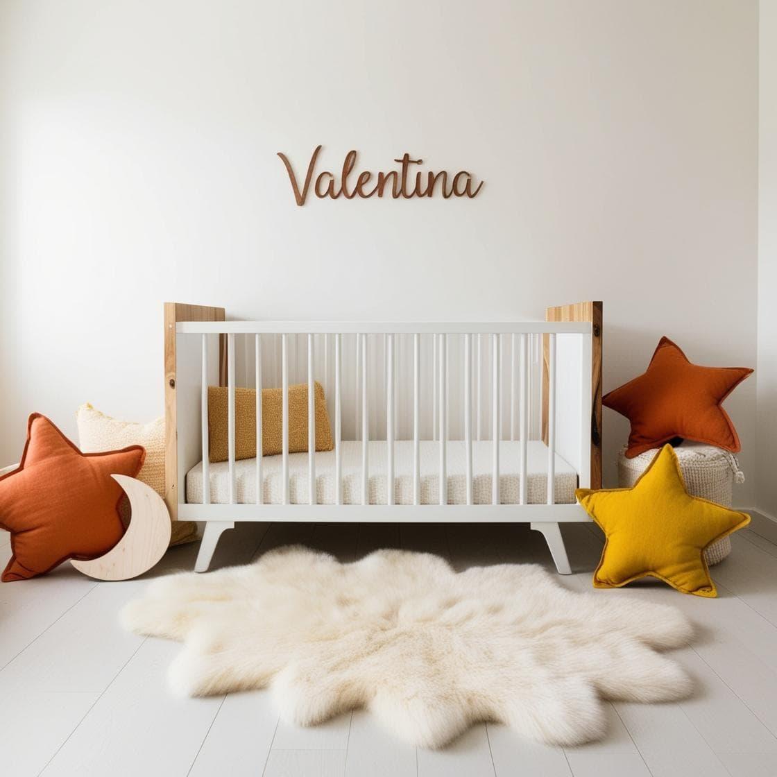 Une chambre de bebe fille qui se nomme valentina avec un berceau un tapis de fourrure style scandinave coussins en forme detoiles coussins en forme de lune le prenom valentina est