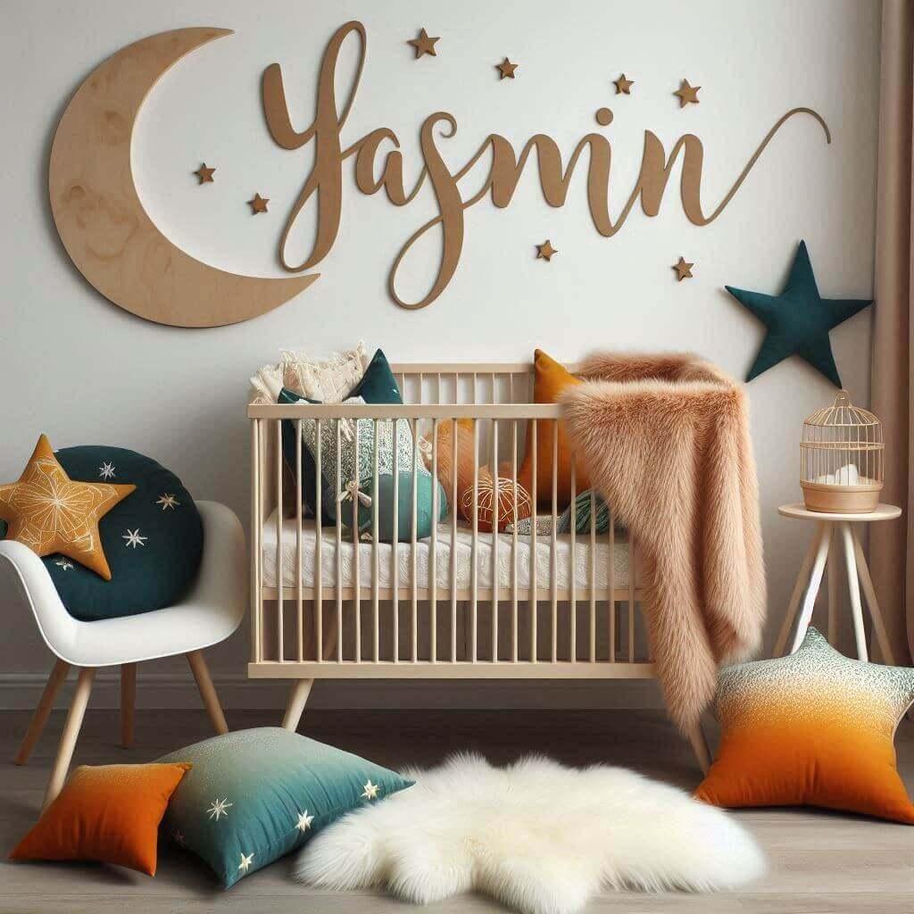 chambre bebe fille nommée yasmin, style scandivane, lit berceau, tapis fourrure