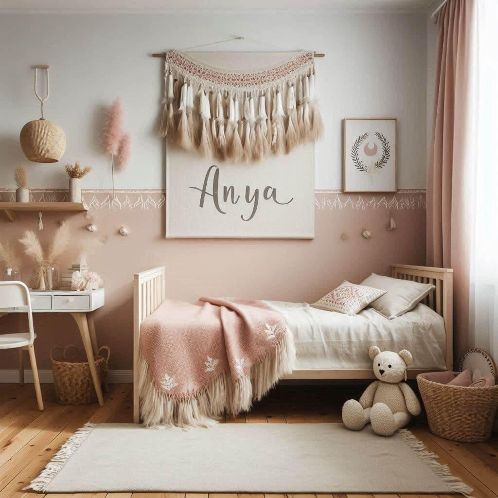 Une chambre de bebe fille style boho chic personnalise avec le prenom anya chambre epuree et minimaliste ombre sur le mur 1