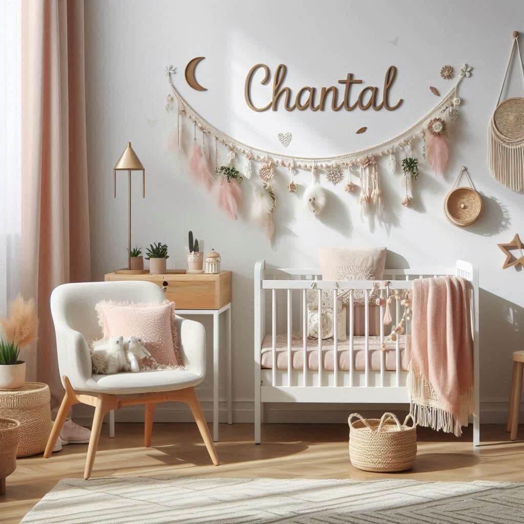 Une chambre de bebe fille style boho chic personnalise avec le prenom chantal chambre epuree et minimaliste ombre sur le mur 1