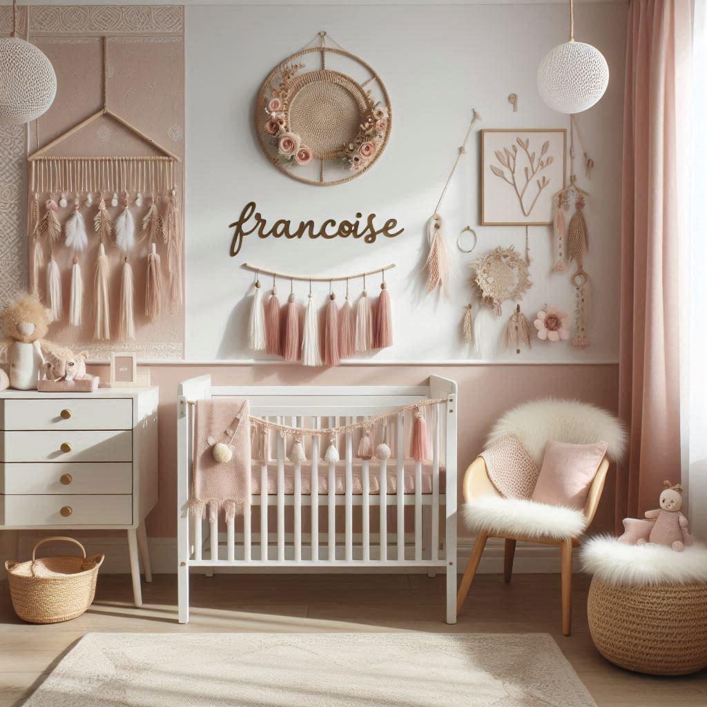 Une chambre de bebe fille style boho chic personnalise avec le prenom francoise chambre epuree et minimaliste ombre sur le mur francoise 1