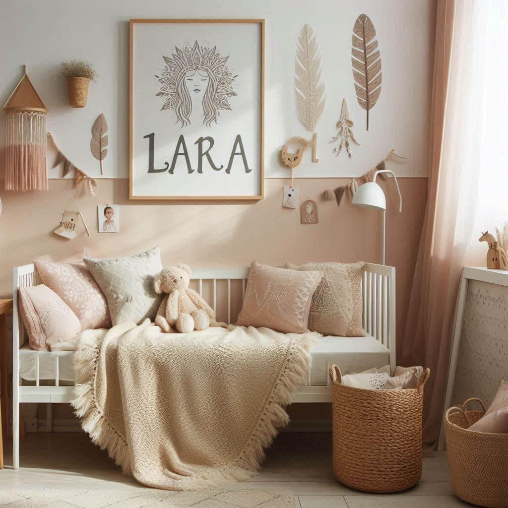 Une chambre de bebe fille style boho chic personnalise avec le prenom lara chambre epuree et minimaliste ombre sur le mur 1