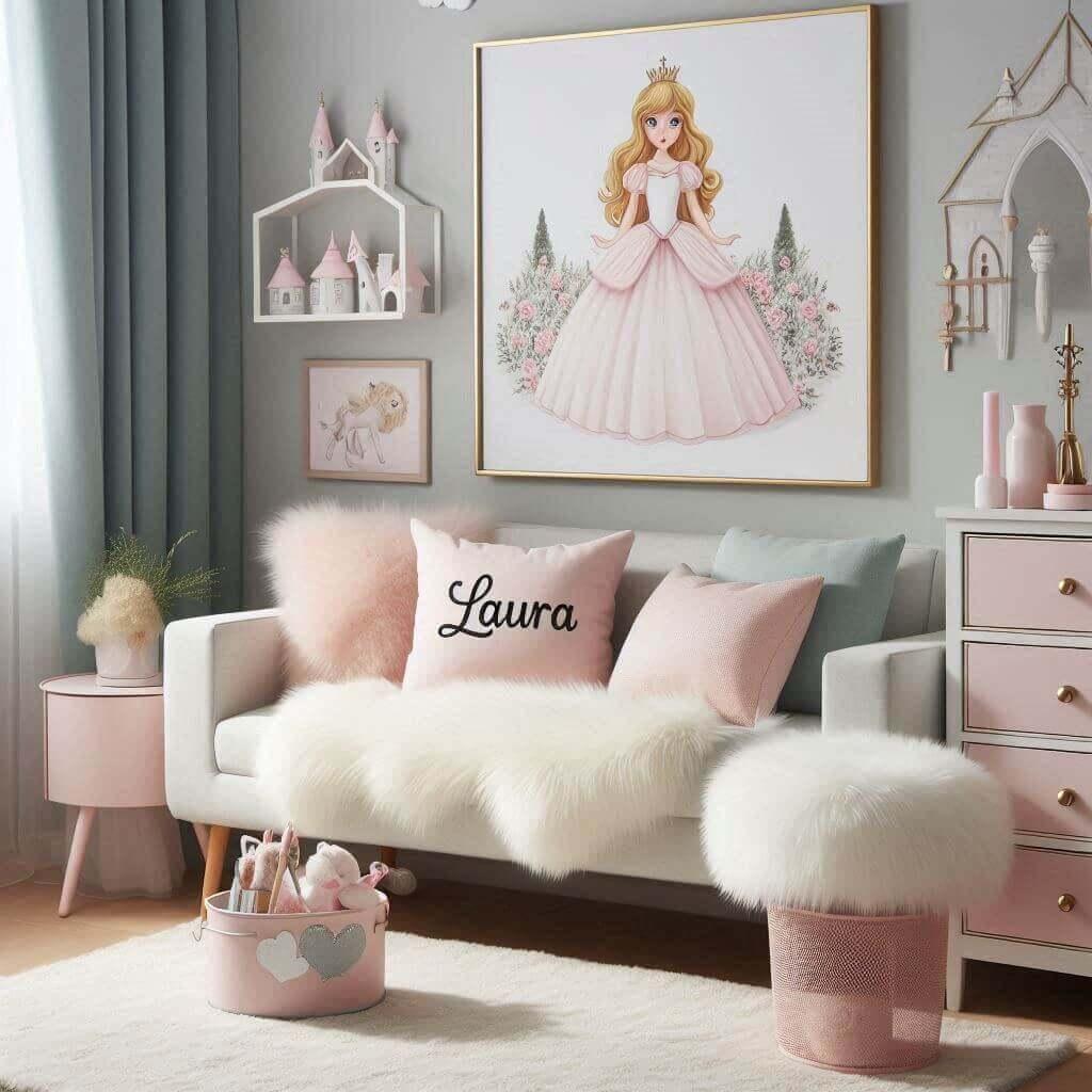 Une chambre de bebe fille sur le theme princesse tendance en 2025 prenom laura brode sur un coussin minimaliste tapis fourure blanc 1 1 1
