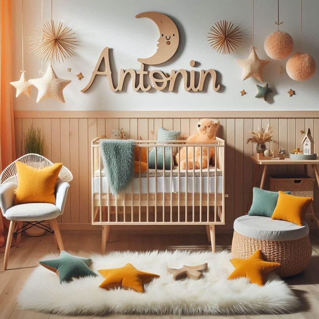 Une chambre de bebe garcon qui se nomme antonin avec un berceau un tapis de fourrure style scandinave coussins en forme detoiles coussins en forme de lune le prenom antonin est ecr