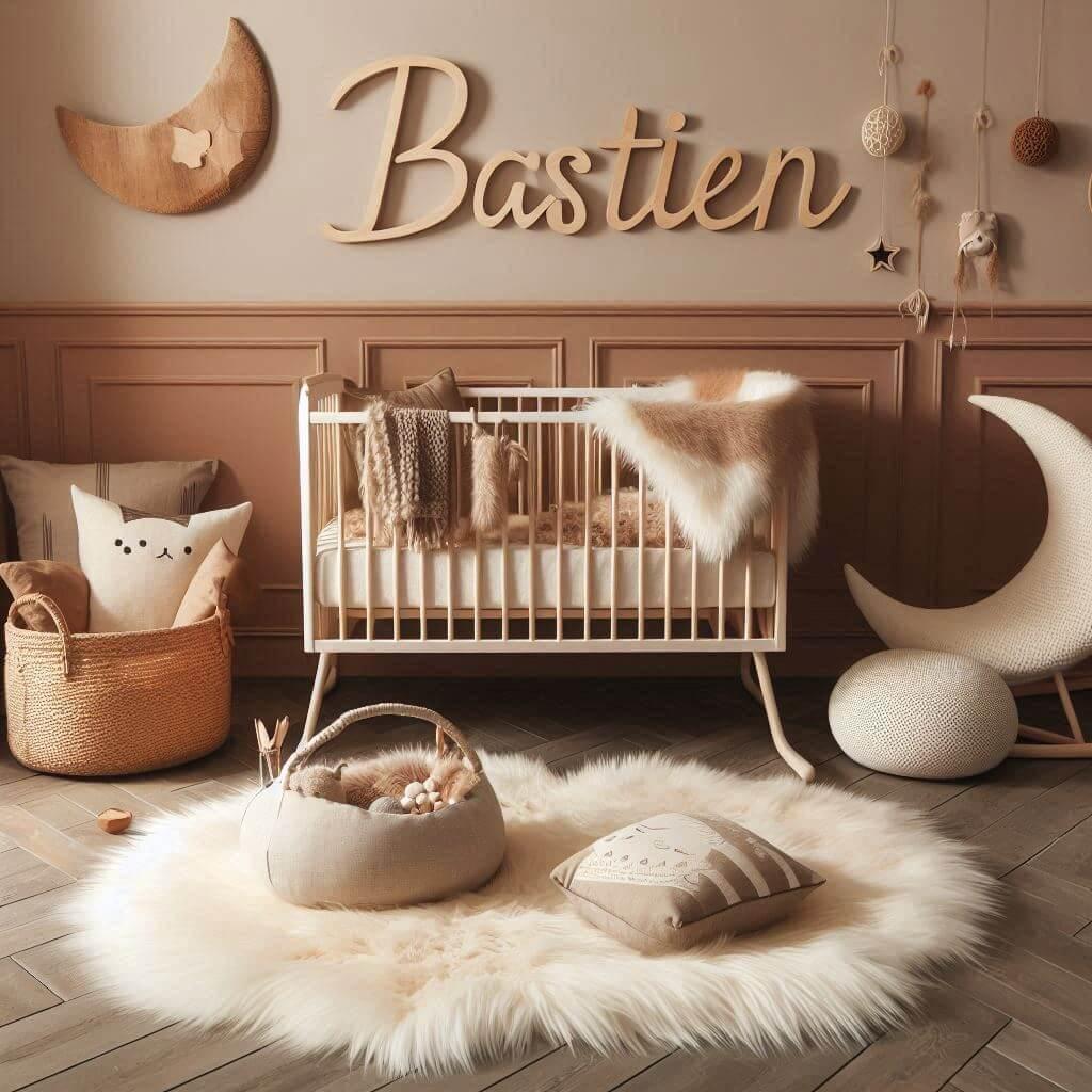 Une chambre de bebe garcon qui se nomme bastien avec un berceau un tapis de fourrure style scandinave