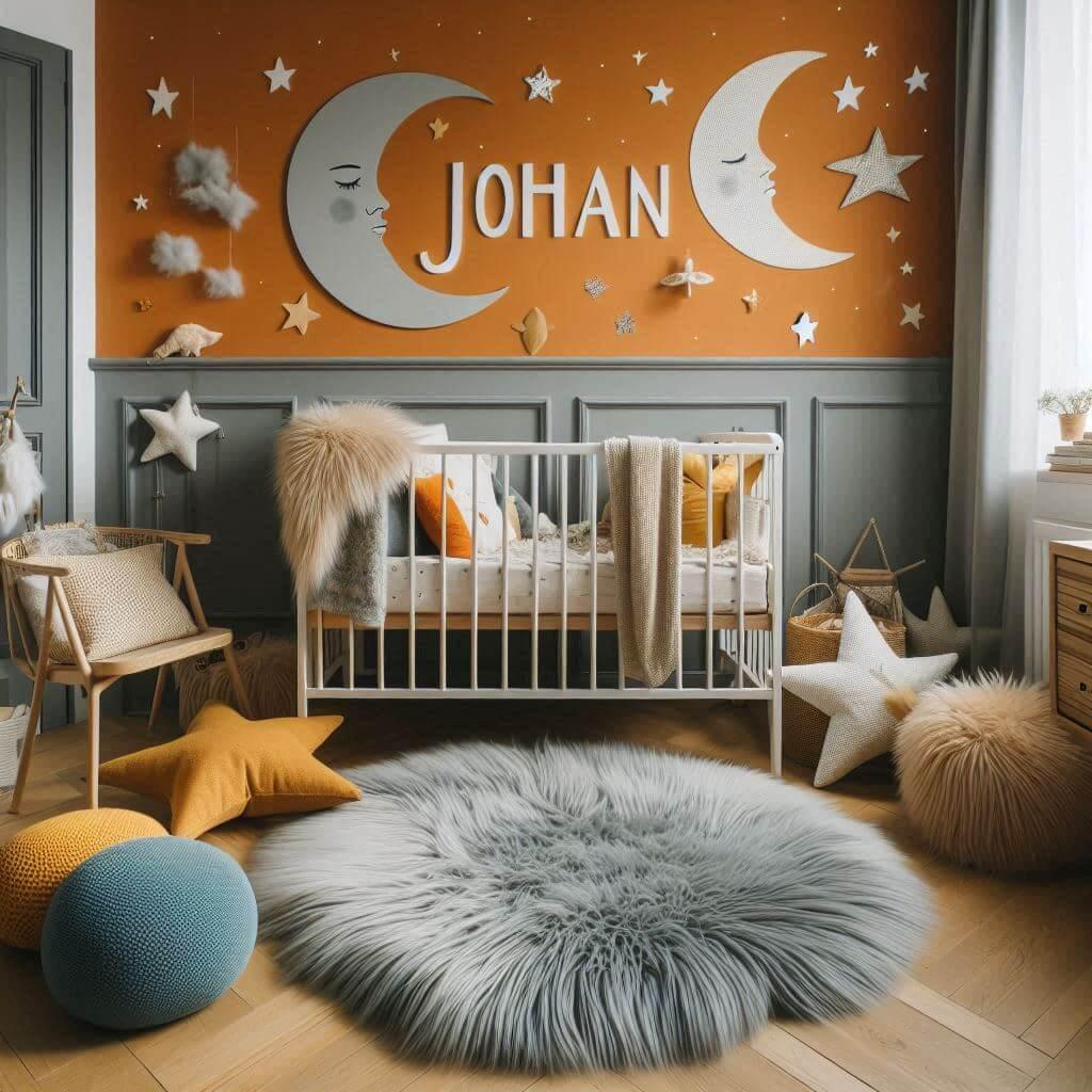 Une chambre de bebe garcon qui se nomme joseph avec un berceau un tapis de fourrure style scandinave des coussins en forme de etoiles des coussins en forme de lune le prenom johan
