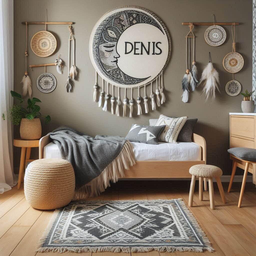Une chambre de bebe garcon style boho chic personnalise avec le prenom denis chambre epuree ombre sur le mur 1