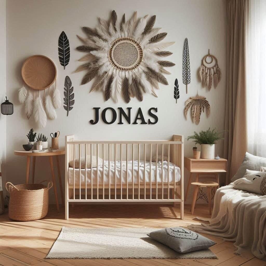 Une chambre de bebe garcon style boho chic personnalise avec le prenom jonas chambre epuree et minimaliste ombre sur le mur 1