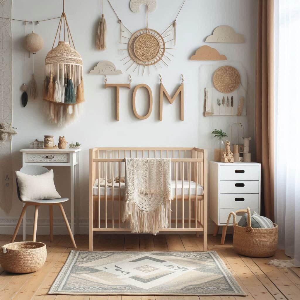 Une chambre de bebe garcon style boho chic personnalise avec le prenom tom chambre epuree et minimaliste ombre sur le mur 1