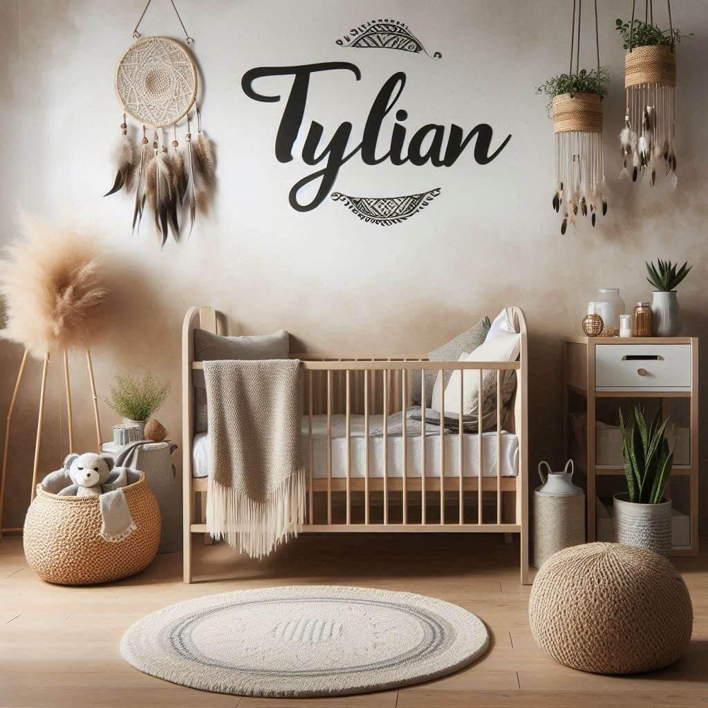Une chambre de bebe garcon style boho chic personnalise avec le prenom tylian chambre epuree et minimaliste ombre sur le mur 2 1