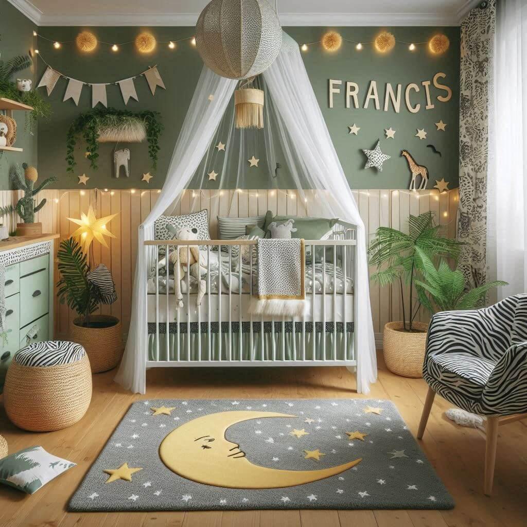 Une chambre de bebe personnalisee au prenom de francis ecrit en francais theme jungle couleur vert pale jaune nuit coussin zebre coussin lune tapis etoile ciel de lit guirlande lum