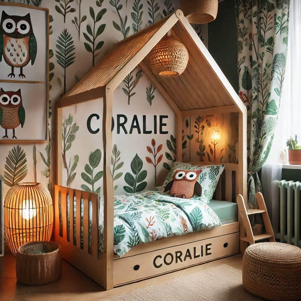 Une chambre de enfant avec le mot coralie ecrit en anglais sur le coussin avec un lit cabane sur le theme de la foret les draps et les rideaux sont des motifs de feuilles de hibou