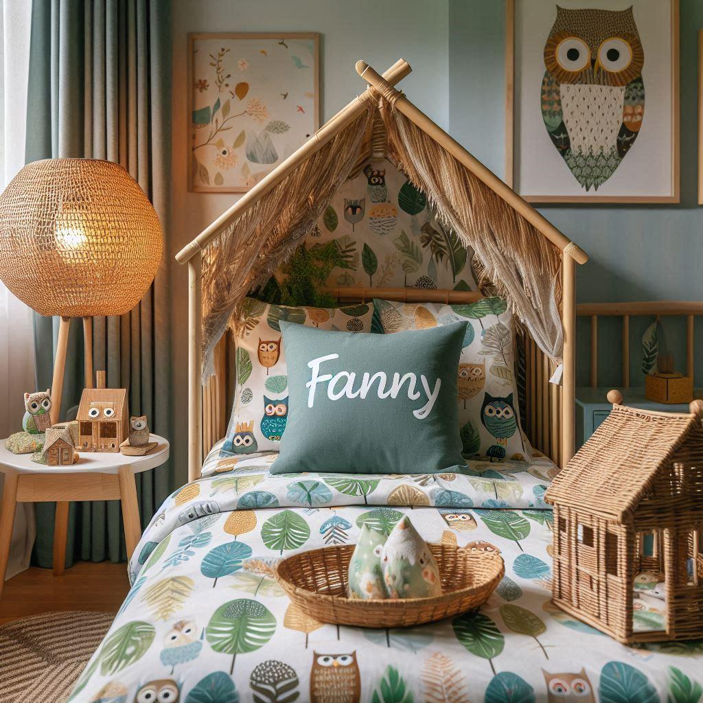 Une chambre de enfant avec le mot fanny sur le coussin avec un lit cabane sur le theme de la foret les draps et les rideaux sont des motifs de feuilles de hibou lampe en rotin tami