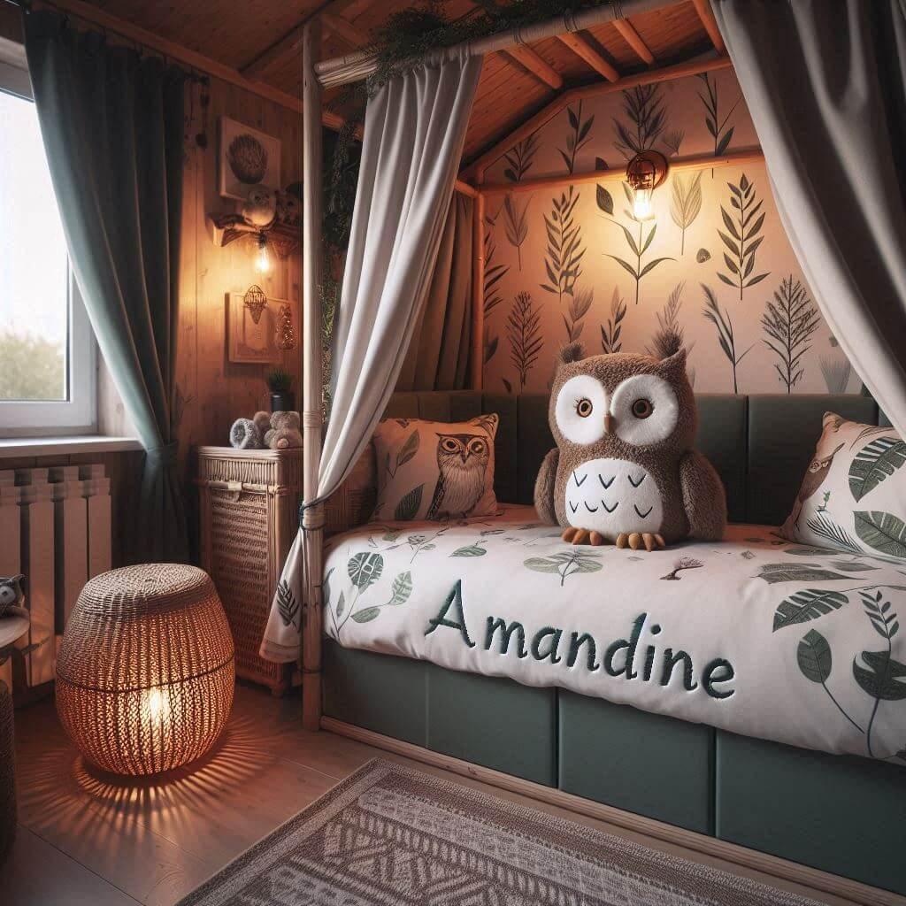 Une chambre de enfant avec le prenom amandine brode sur le coussin avec un lit cabane sur le theme de la foret les draps et les rideaux sont des motifs de feuilles de hibou lampe e