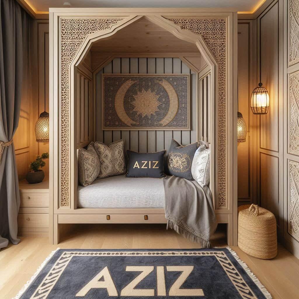 Chambre enfant orientale moderne avec prénom Aziz brodé