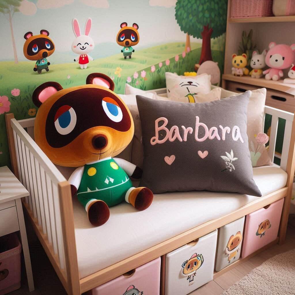 Une chambre de enfant avec le prenom barbara brode sur le coussin avec un lit cabane sur le theme de animal crossing peluche tom nook 1