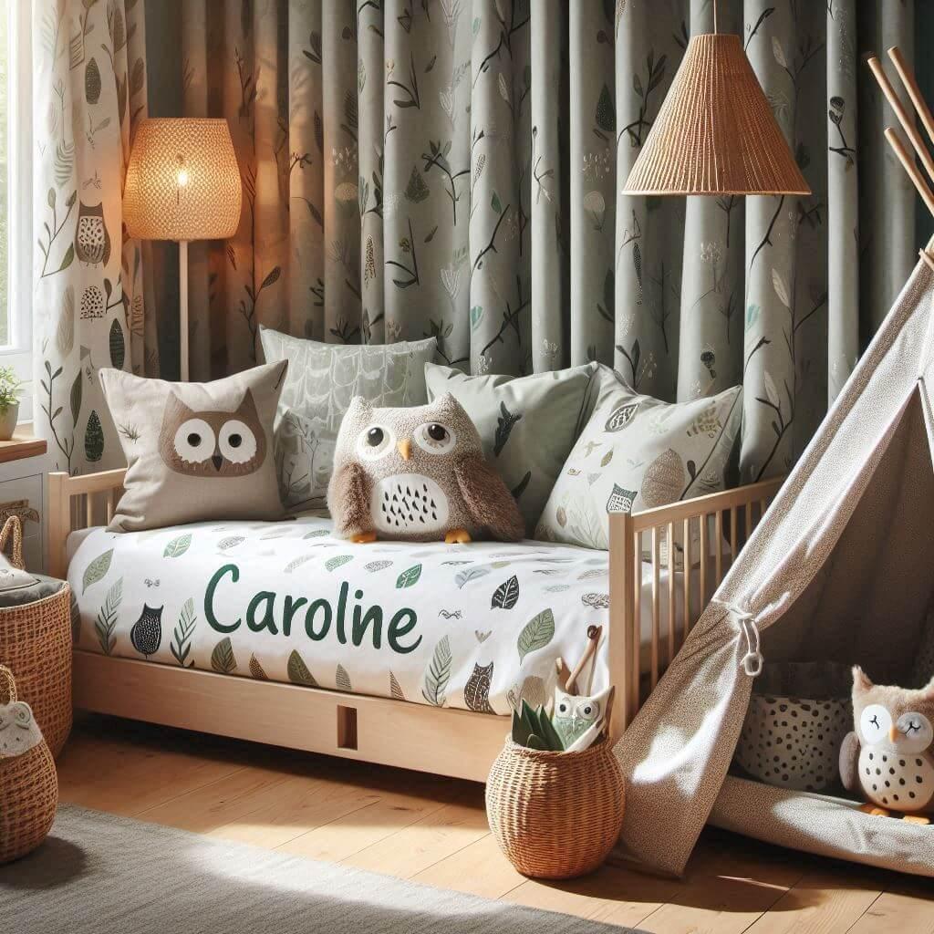 Une chambre de enfant avec le prenom caroline brode sur le coussin avec un lit cabane sur le theme de la foret les draps et les rideaux sont des motifs de feuilles de hibou lampe e
