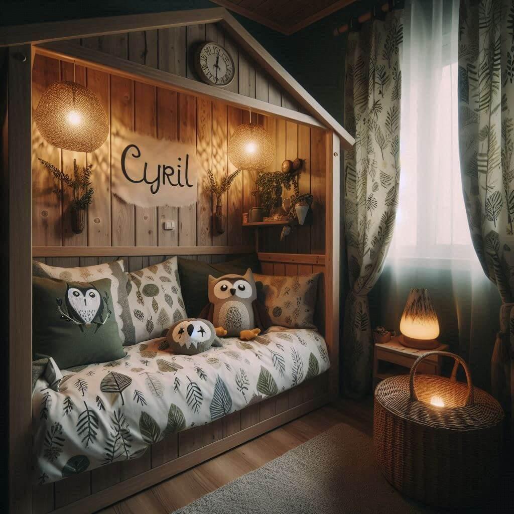 Une chambre de enfant avec le prenom cyril brode sur le coussin avec un lit cabane sur le theme de la foret les draps et les rideaux sont des motifs de feuilles de hibou lampe en r