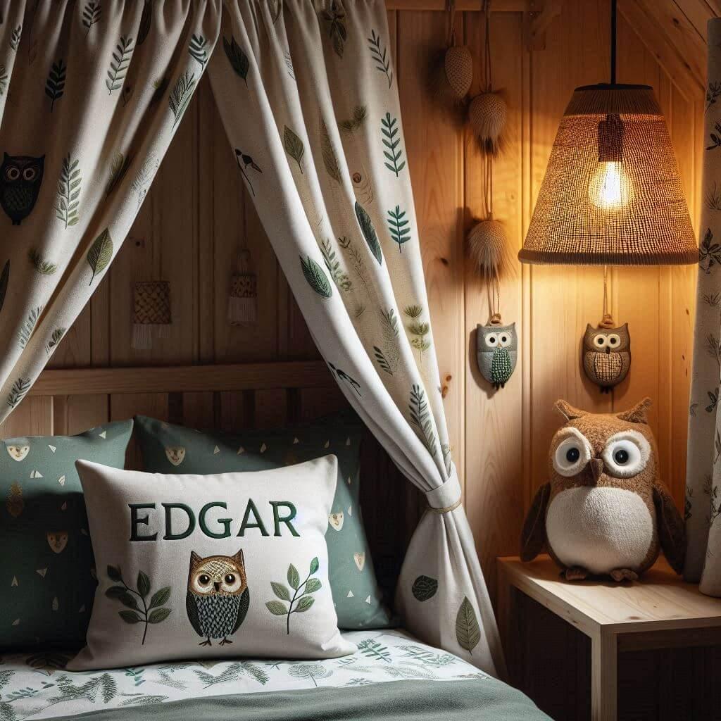 Une chambre de enfant avec le prenom edgar brode sur le coussin avec un lit cabane avec des rideaux sur le theme de la foret les draps et les rideaux sont des motifs de feuilles de