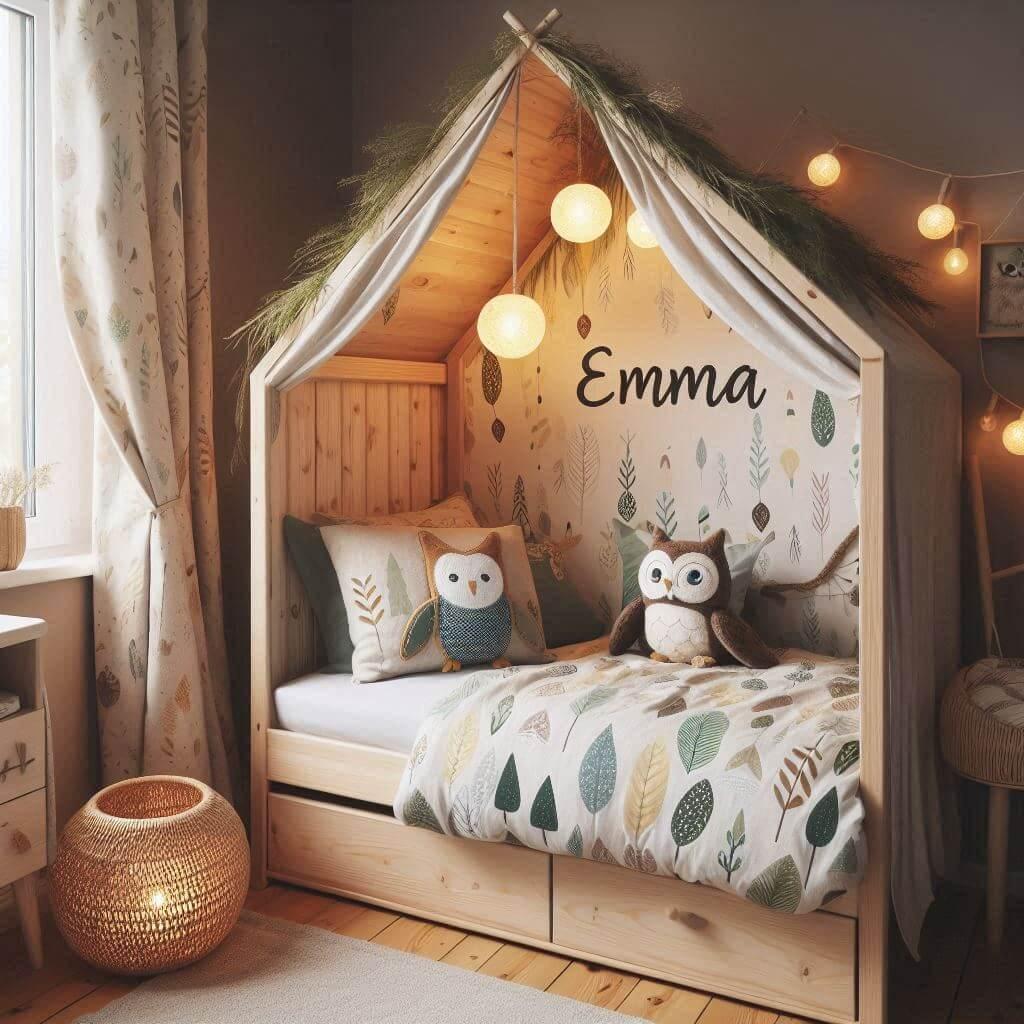 Une chambre de enfant avec le prenom emma brode sur le coussin avec un lit cabane sur le theme de la foret les draps et les rideaux sont des motifs de feuilles de hibou lampe en ro