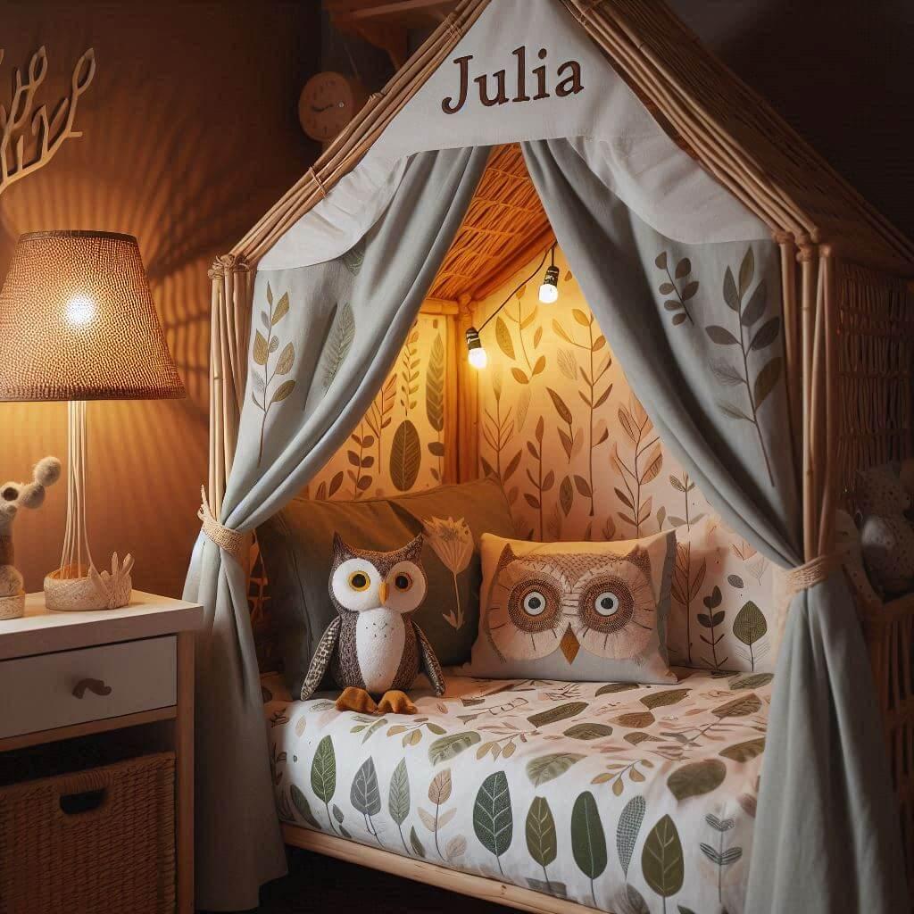 Une chambre de enfant avec le prenom julia brode sur le coussin avec un lit cabane sur le theme de la foret les draps et les rideaux sont des motifs de feuilles de hibou lampe en r