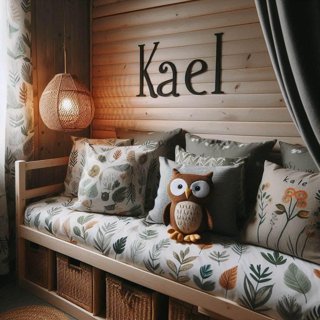 Une chambre de enfant avec le prenom kael ecrit en francais brode sur le coussin avec un lit cabane sur le theme de la foret les draps et les rideaux sont des motifs de feuilles de