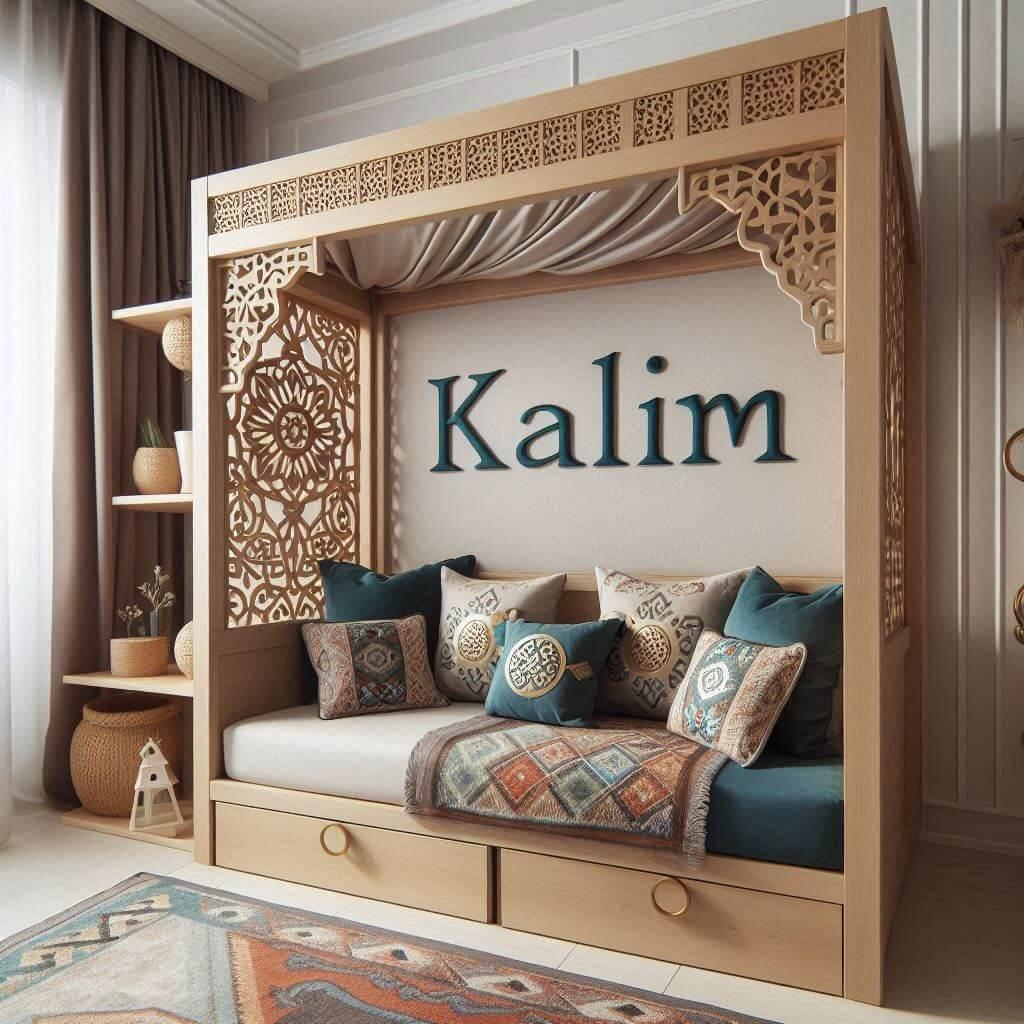 Une chambre de enfant avec le prenom kalim brode sur le coussin avec un lit cabane sur le theme oriental moderne 1