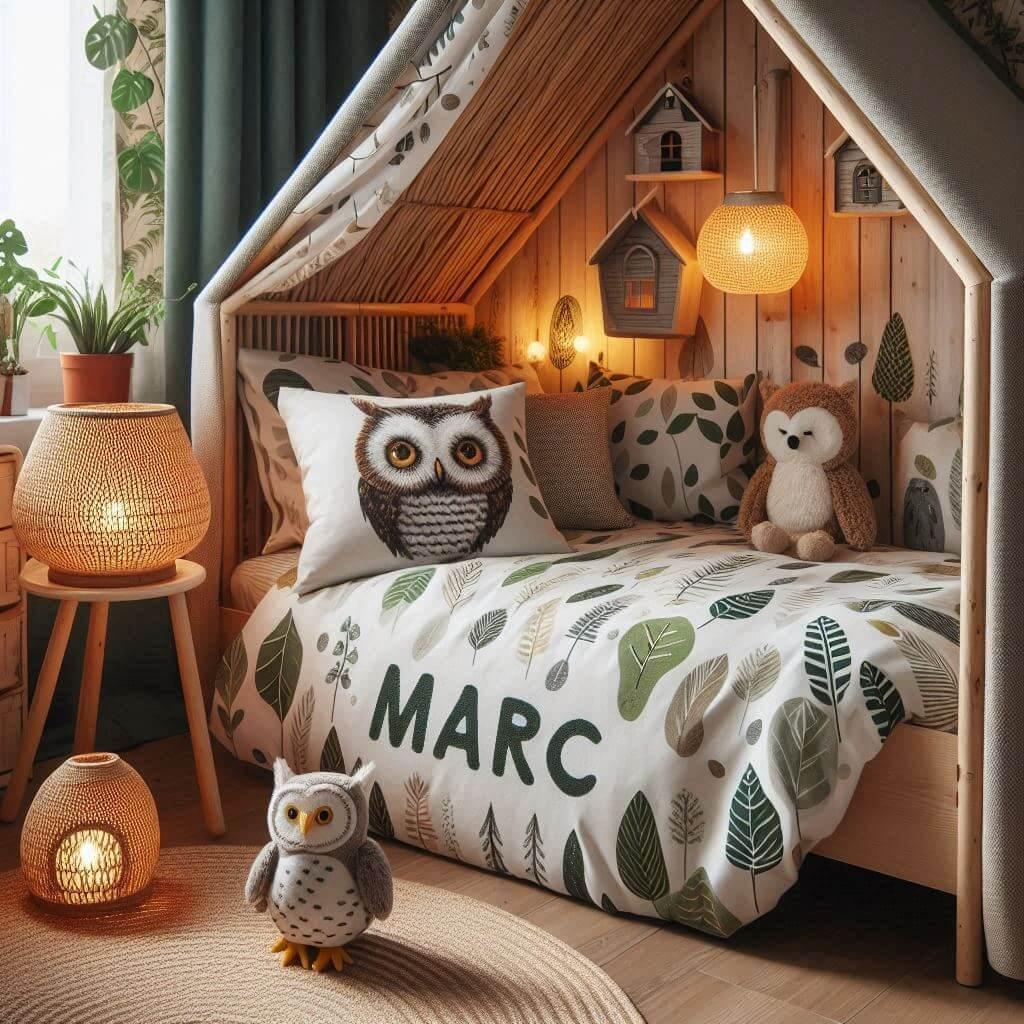 Une chambre de enfant avec le prenom marc sur le coussin avec un lit cabane sur le theme de la foret les draps et les rideaux sont des motifs de feuilles de hibou lampe en rotin ta