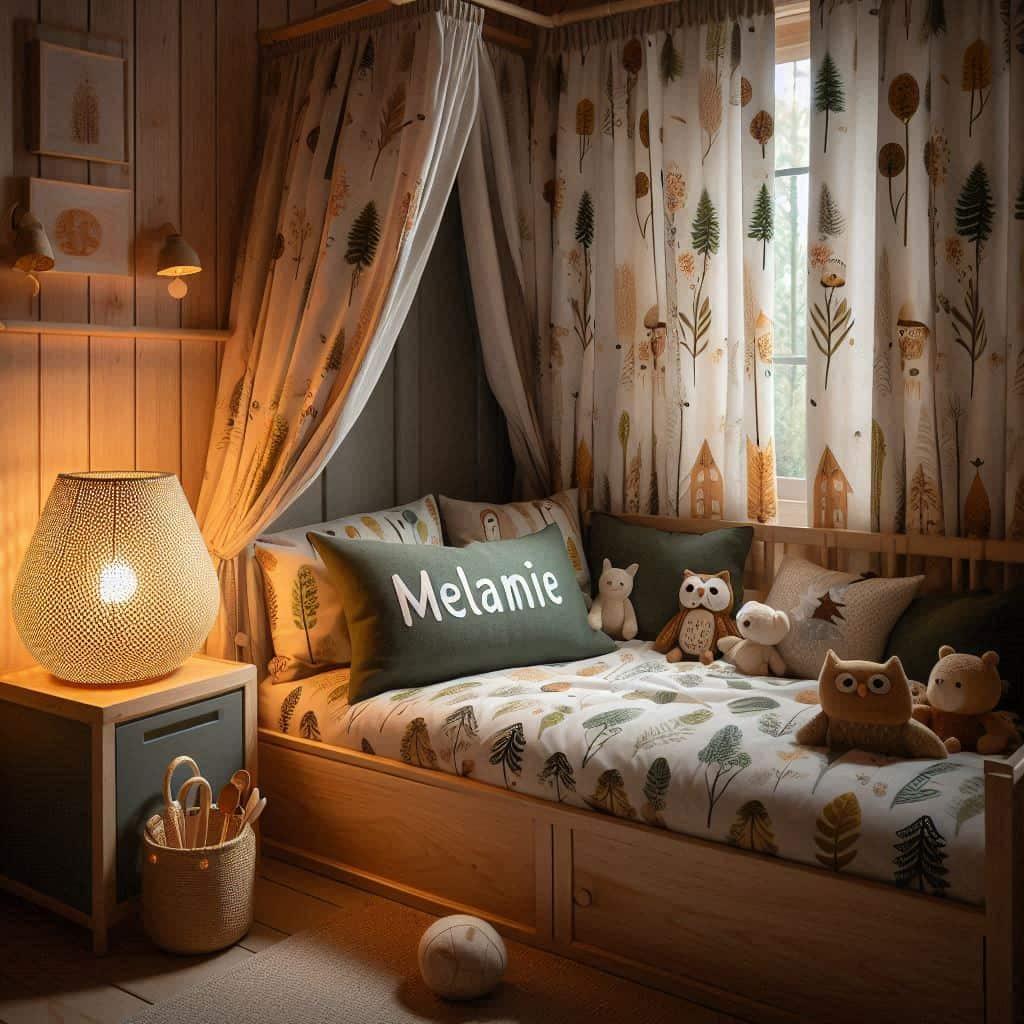 Une chambre de enfant avec le prenom melanie ecrit sur le coussin avec un lit cabane sur le theme de la foret les draps et les rideaux sont des motifs de feuilles de hibou lampe en