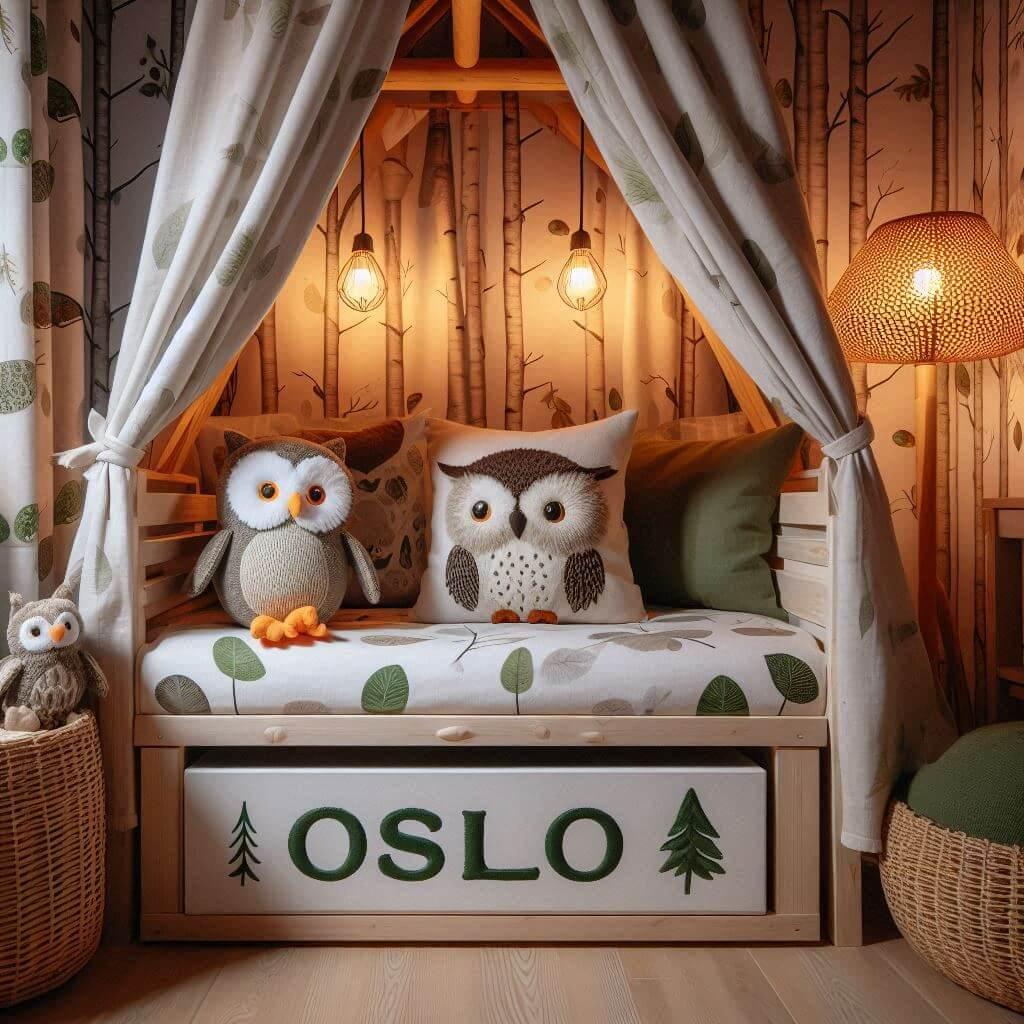 Une chambre de enfant avec le prenom oslo brode sur le coussin avec un lit cabane sur le theme de la foret les draps et les rideaux sont des motifs de feuilles de hibou lampe en ro